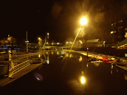 Scale models of a harbour and the Erasmusbrug bridge at the Madurodam miniature park, by night