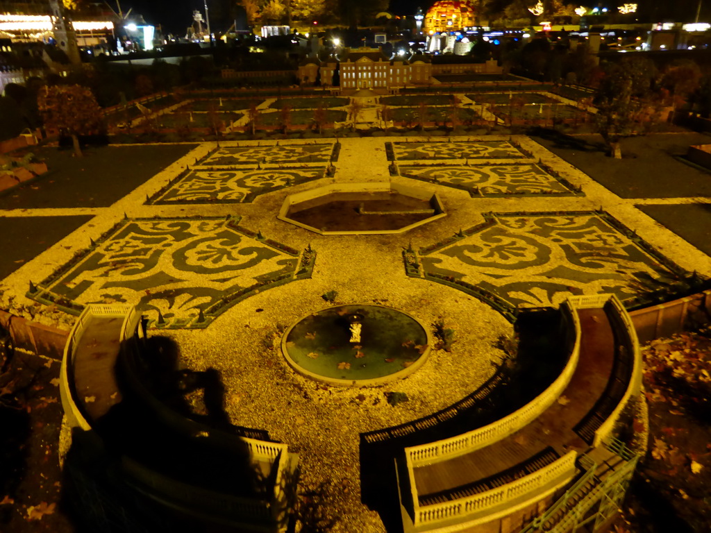 Scale model of the Het Loo Palace of Apeldoorn with its gardens at the Madurodam miniature park, by night