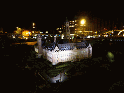 Scale model of the Peace Palace of The Hague at the Madurodam miniature park, by night