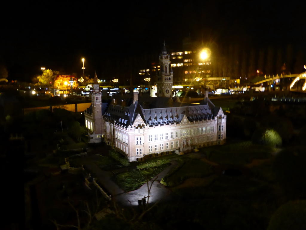 Scale model of the Peace Palace of The Hague at the Madurodam miniature park, by night