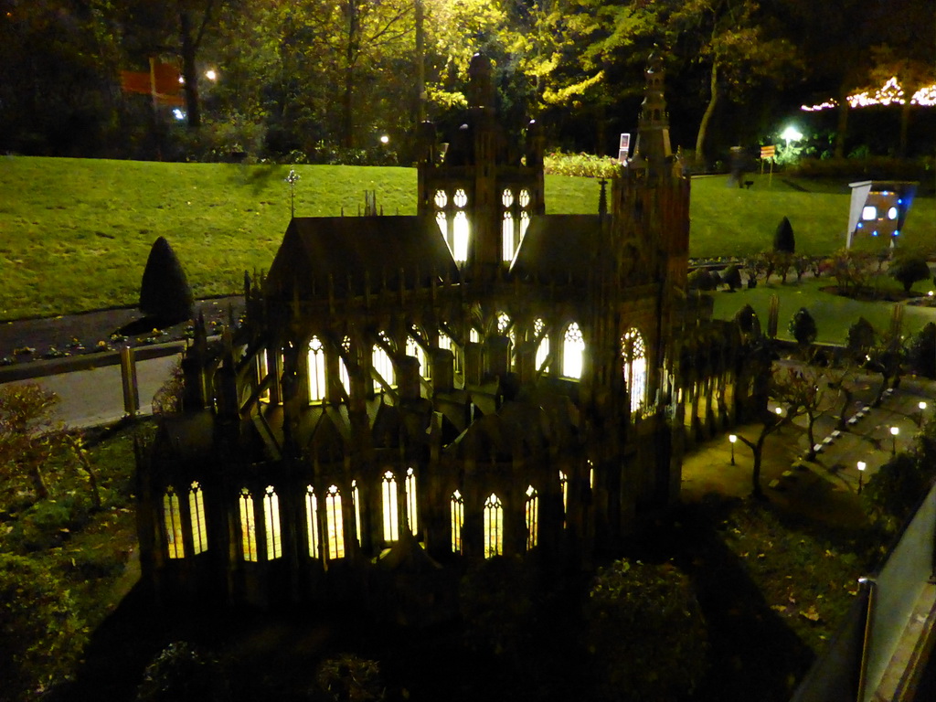 Scale model of the St. John`s Cathedral of Den Bosch at the Madurodam miniature park, by night