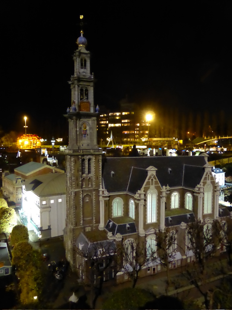 Scale model of the Westerkerk church of Amsterdam at the Madurodam miniature park, by night