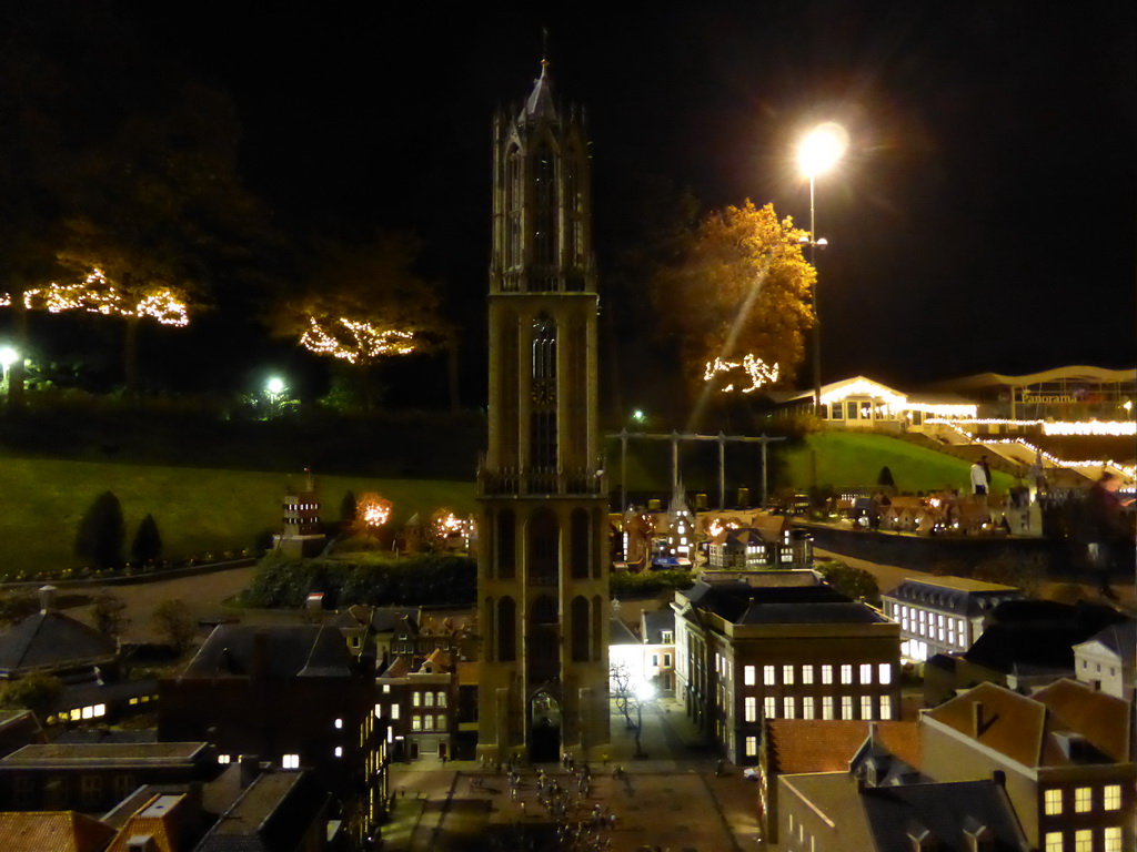 Scale model of the Dom Tower of Utrecht at the Madurodam miniature park, by night