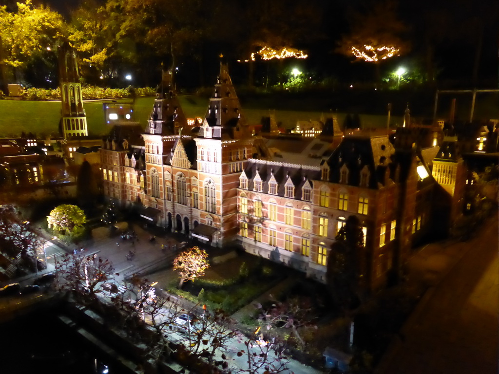 Scale model of the Rijksmuseum of Amsterdam at the Madurodam miniature park, by night