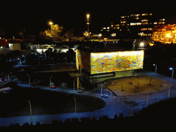 Scale model of the Gebouw van Beeld en Geluid building of Hilversum at the Madurodam miniature park, by night
