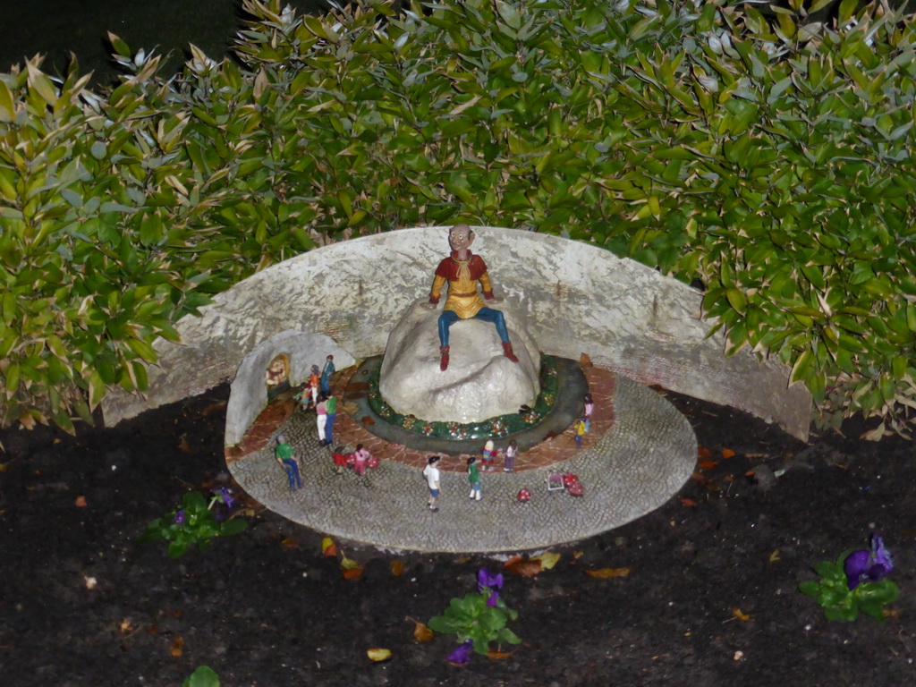 Scale model of Holle Bolle Gijs and Langnek of the Efteling theme park at the Madurodam miniature park, by night