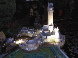 Scale model of the Jachthuis Sint Hubertus building of Hoenderloo at the Madurodam miniature park, by night