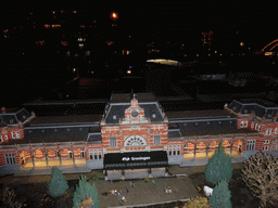 Scale model of the Groningen Railway Station at the Madurodam miniature park, by night