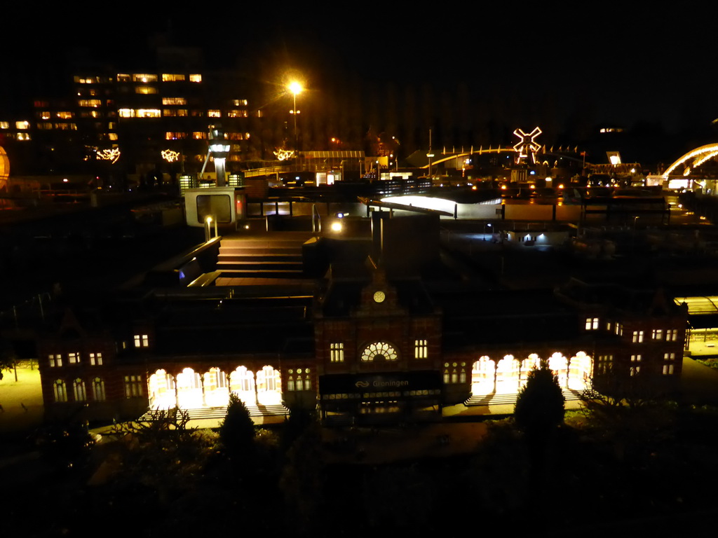 Scale model of the Groningen Railway Station at the Madurodam miniature park, by night