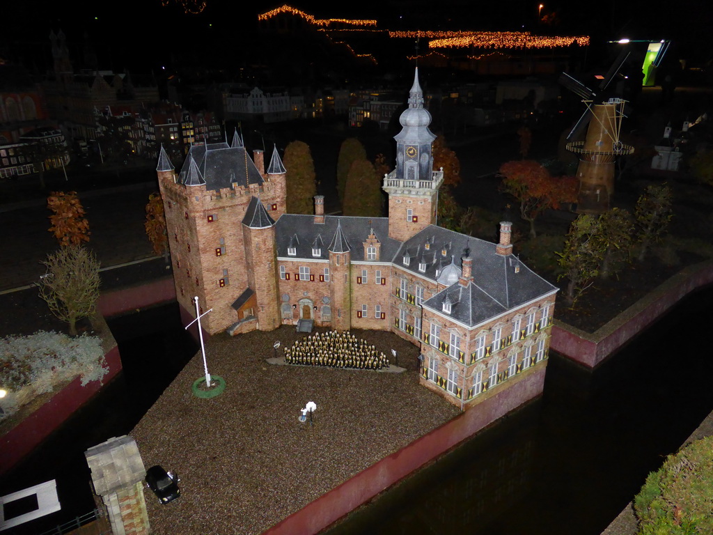 Scale model pf the Nijenrode Castle of Breukelen at the Madurodam miniature park, by night