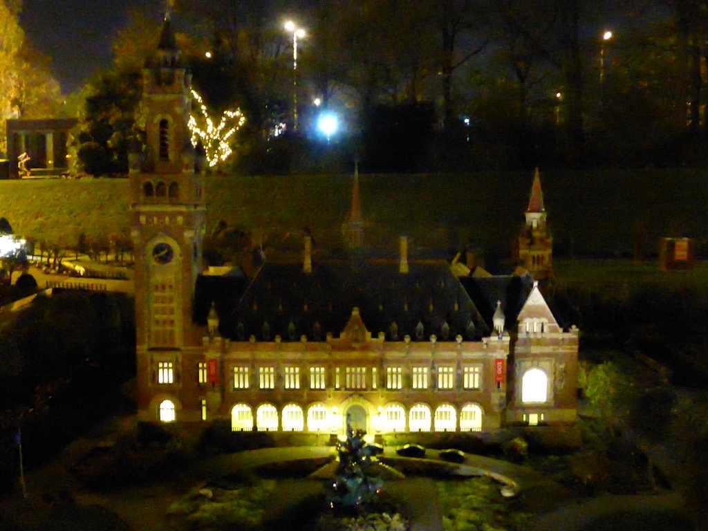 Scale model of the Peace Palace of The Hague at the Madurodam miniature park, by night