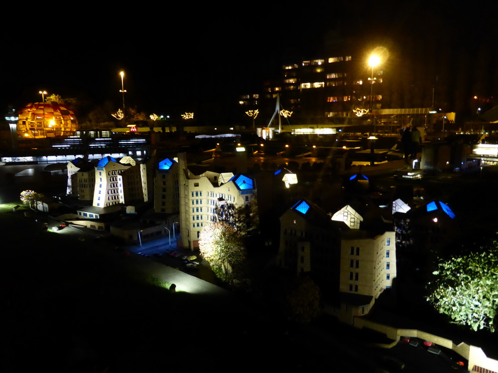 Scale model of the headquarters of the ING Bank of Amsterdam at the Madurodam miniature park, by night