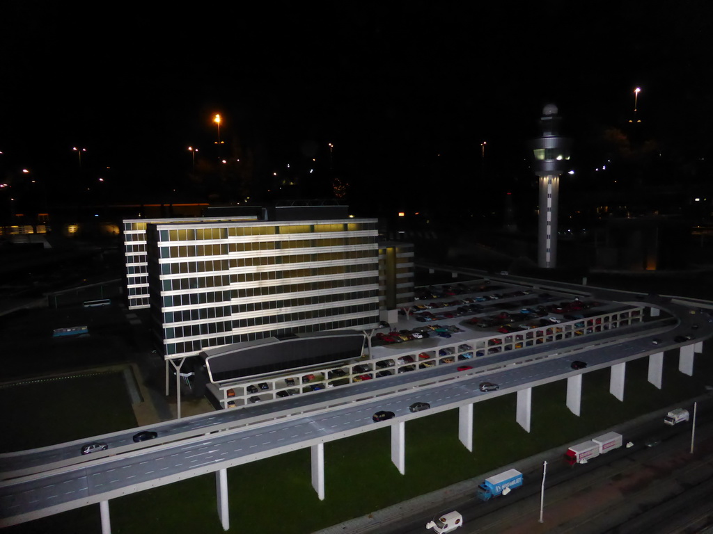 Scale model of Schiphol Airport at the Madurodam miniature park, by night