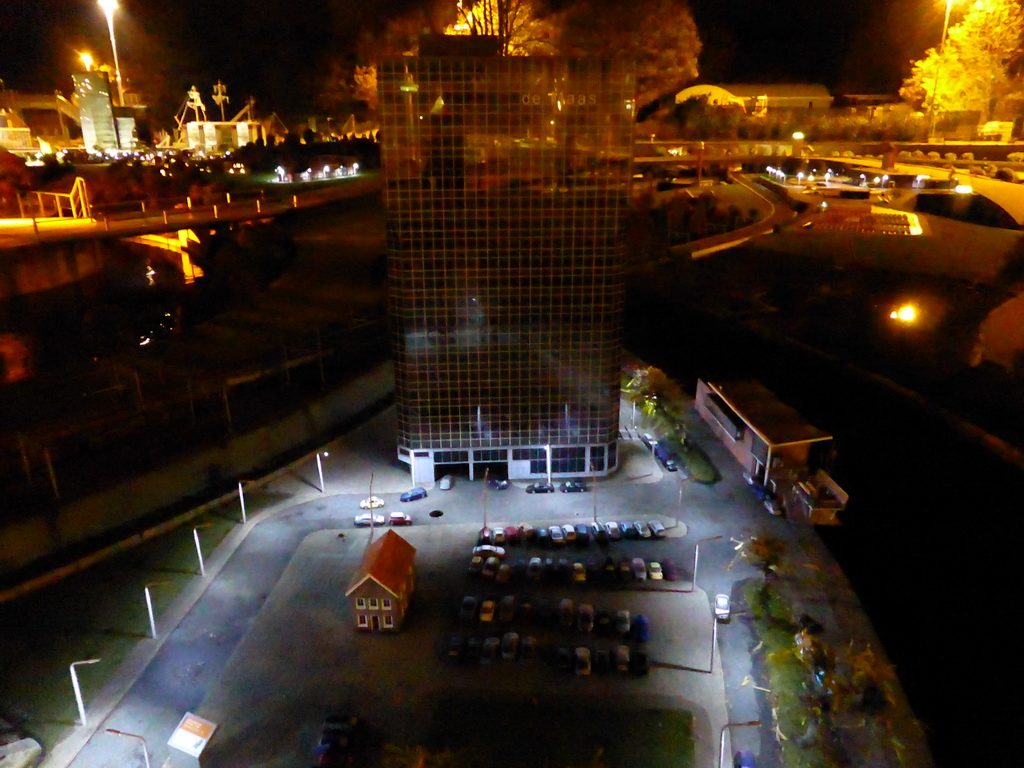Scale model of the Maasgebouw building of Rotterdam at the Madurodam miniature park, by night