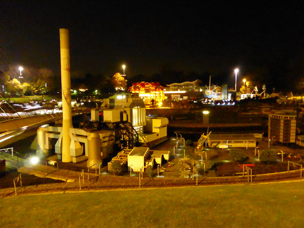 Scale model of the Electrabel Power Plant of Nijmegen at the Madurodam miniature park, by night