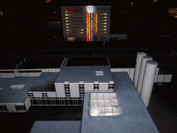 Scale model of the Bouwhuis building of Zoetermeer at the Madurodam miniature park, by night