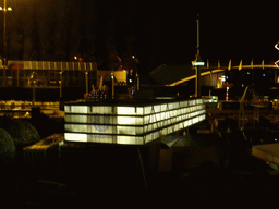 Scale model of the Bridge Building and the Euromast tower of Rotterdam at the Madurodam miniature park, by night