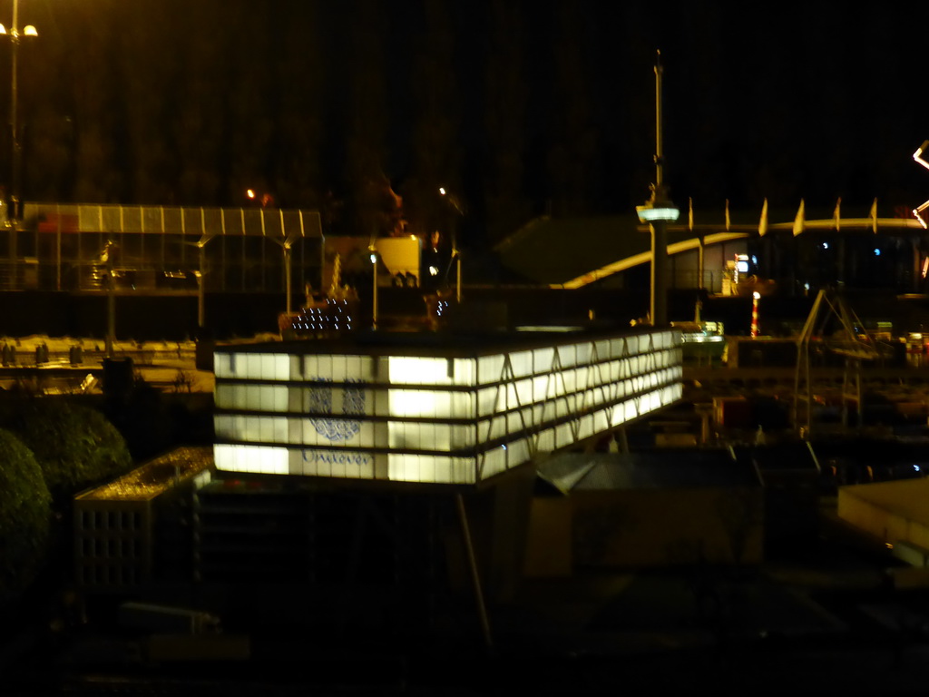 Scale model of the Bridge Building and the Euromast tower of Rotterdam at the Madurodam miniature park, by night