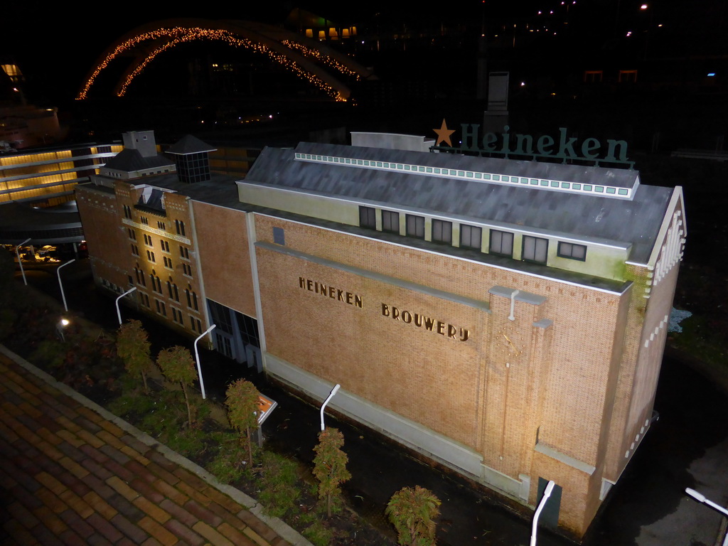 Scale model of the Heineken brewery of Amsterdam at the Madurodam miniature park, by night