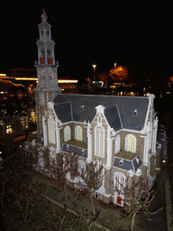 Scale model of the Westerkerk church of Amsterdam at the Madurodam miniature park, by night
