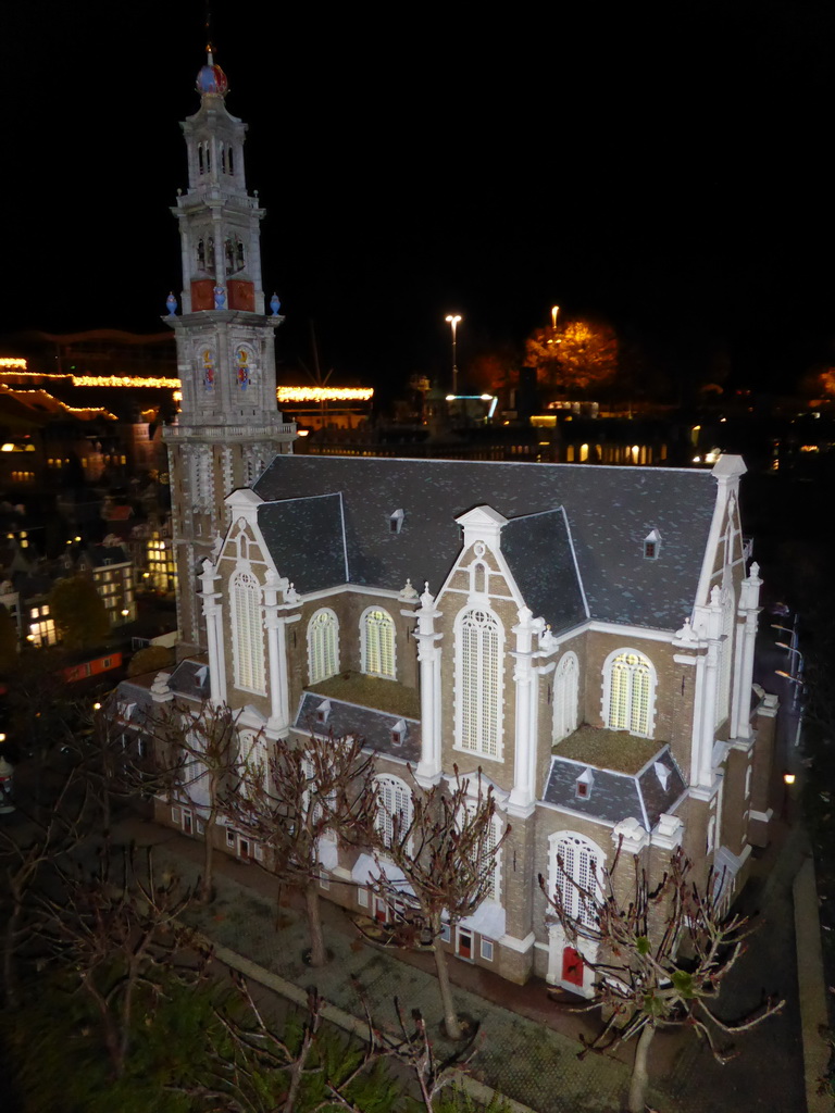 Scale model of the Westerkerk church of Amsterdam at the Madurodam miniature park, by night