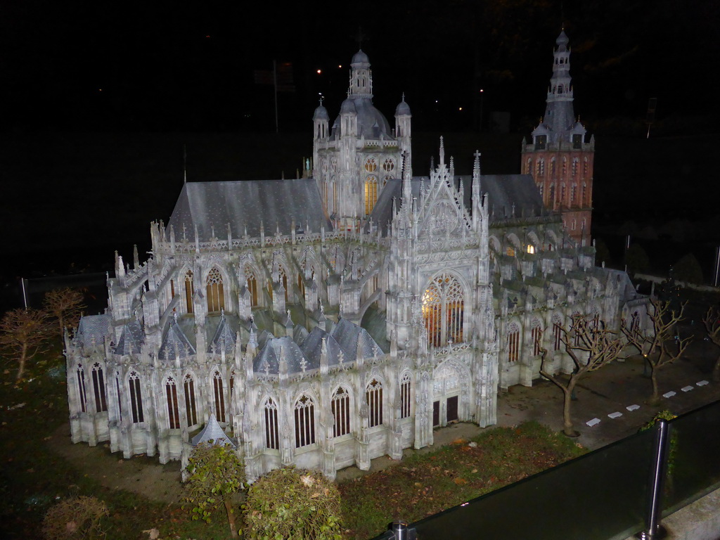 Scale model of the St. John`s Cathedral of Den Bosch at the Madurodam miniature park, by night