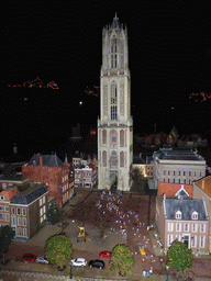 Scale model of the Dom Tower of Utrecht at the Madurodam miniature park, by night
