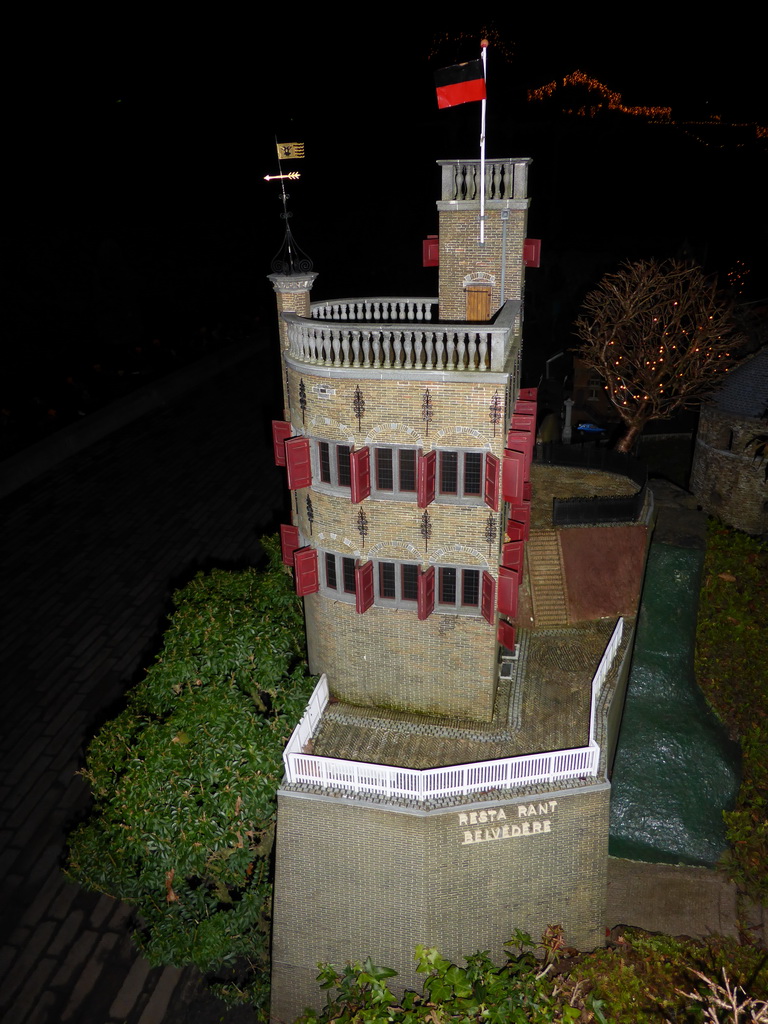 Scale model of the Belvédère tower of Nijmegen at the Madurodam miniature park, by night