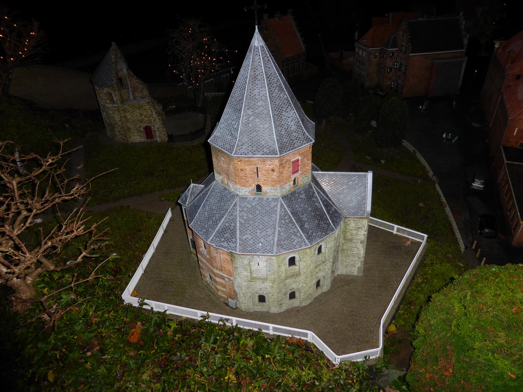 Scale model of the St. Nicholas chapel and the Barbarossa ruin of the Valkhof park of Nijmegen at the Madurodam miniature park, by night