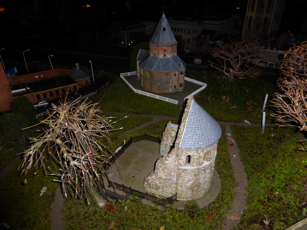 Scale model of the St. Nicholas chapel and the Barbarossa ruin of the Valkhof park of Nijmegen at the Madurodam miniature park, by night