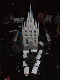 Scale model of the City Hall and Markt square with cheese market of Gouda at the Madurodam miniature park, by night