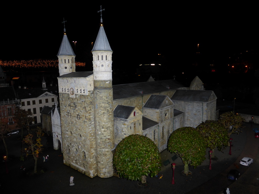 Scale model of the Basilica of Our Lady of Maastricht at the Madurodam miniature park, by night