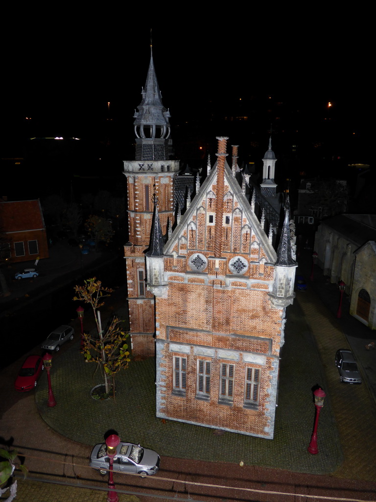 Scale model of the City Hall of Kampen at the Madurodam miniature park, by night