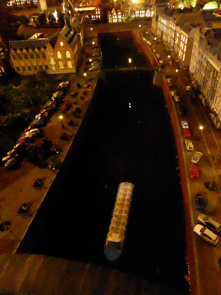 Scale model of an Amsterdam canal at the Madurodam miniature park, by night