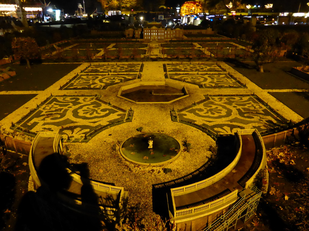 Scale model of the Het Loo Palace of Apeldoorn with its gardens at the Madurodam miniature park, by night