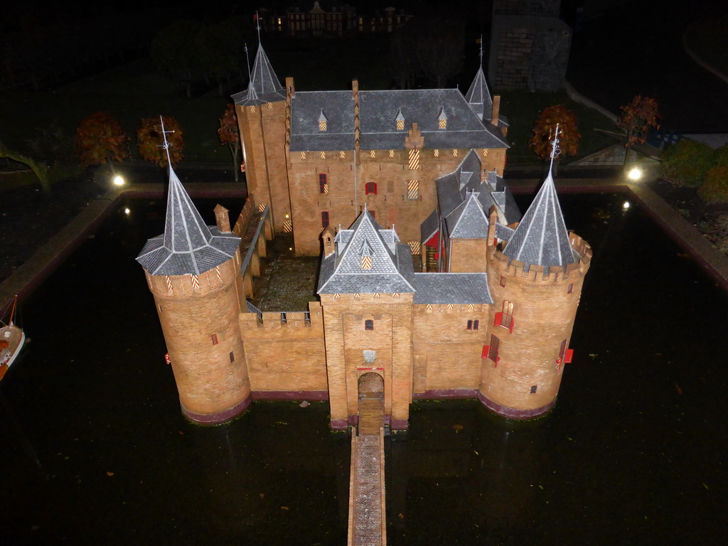 Scale model of the Muiderslot castle of Muiden at the Madurodam miniature park, by night
