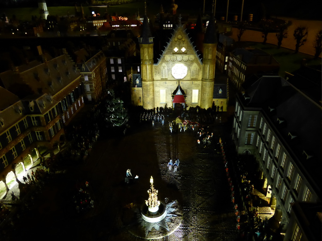 Scale model of the Binnenhof square of The Hague at the Madurodam miniature park, by night