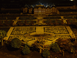 Scale model of the Het Loo Palace of Apeldoorn with its gardens at the Madurodam miniature park, by night