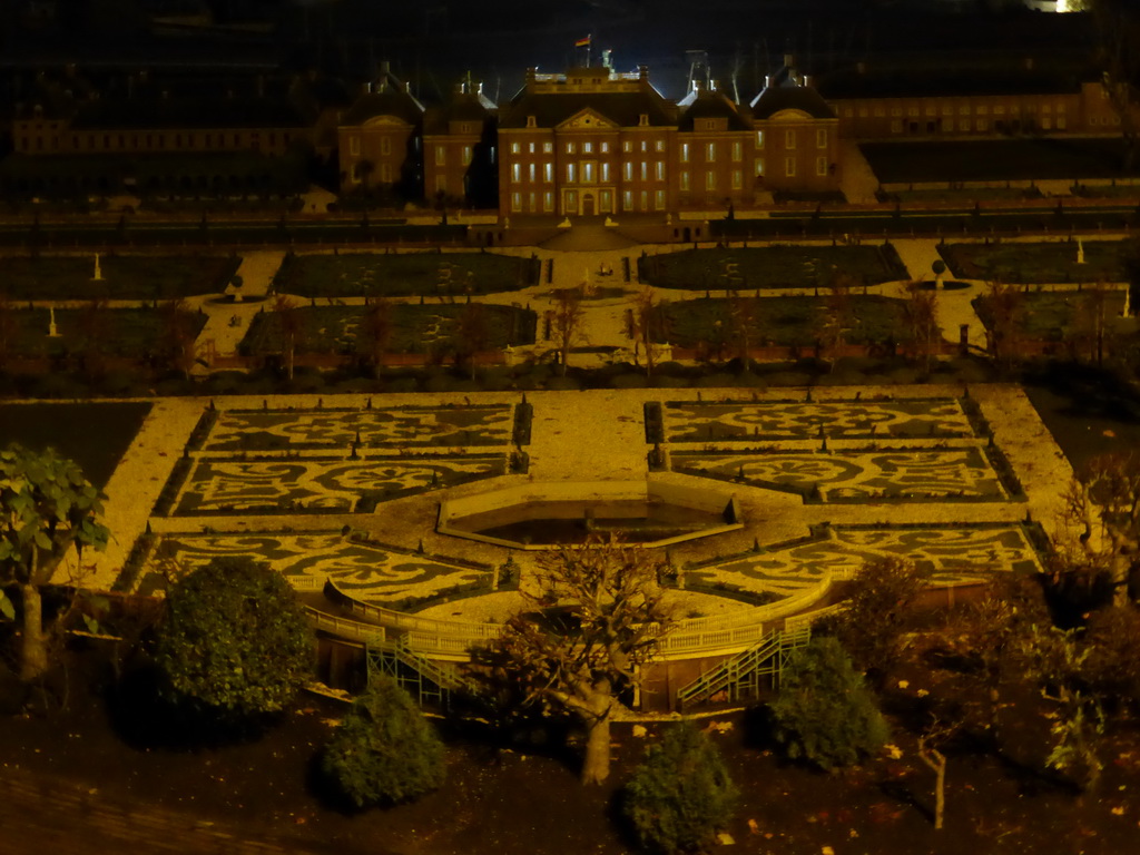 Scale model of the Het Loo Palace of Apeldoorn with its gardens at the Madurodam miniature park, by night