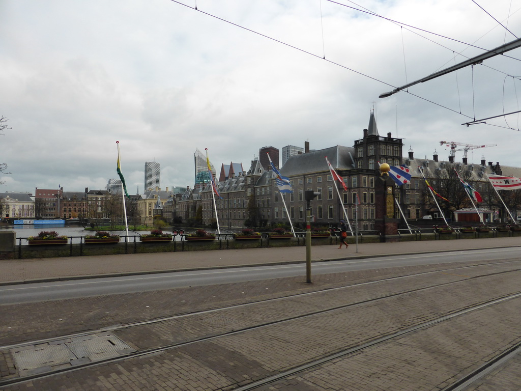 Dutch province flags at the Buitenhof square, the Hofvijver pond, the Mauritshuis museum and the Binnenhof buildings