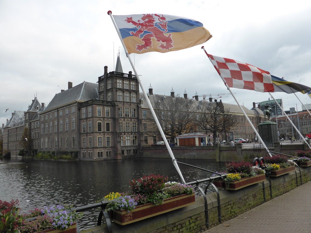 Dutch province flags at the Buitenhof square, the Hofvijver pond, the equestrian statue of King Willem II and the Binnenhof buildings