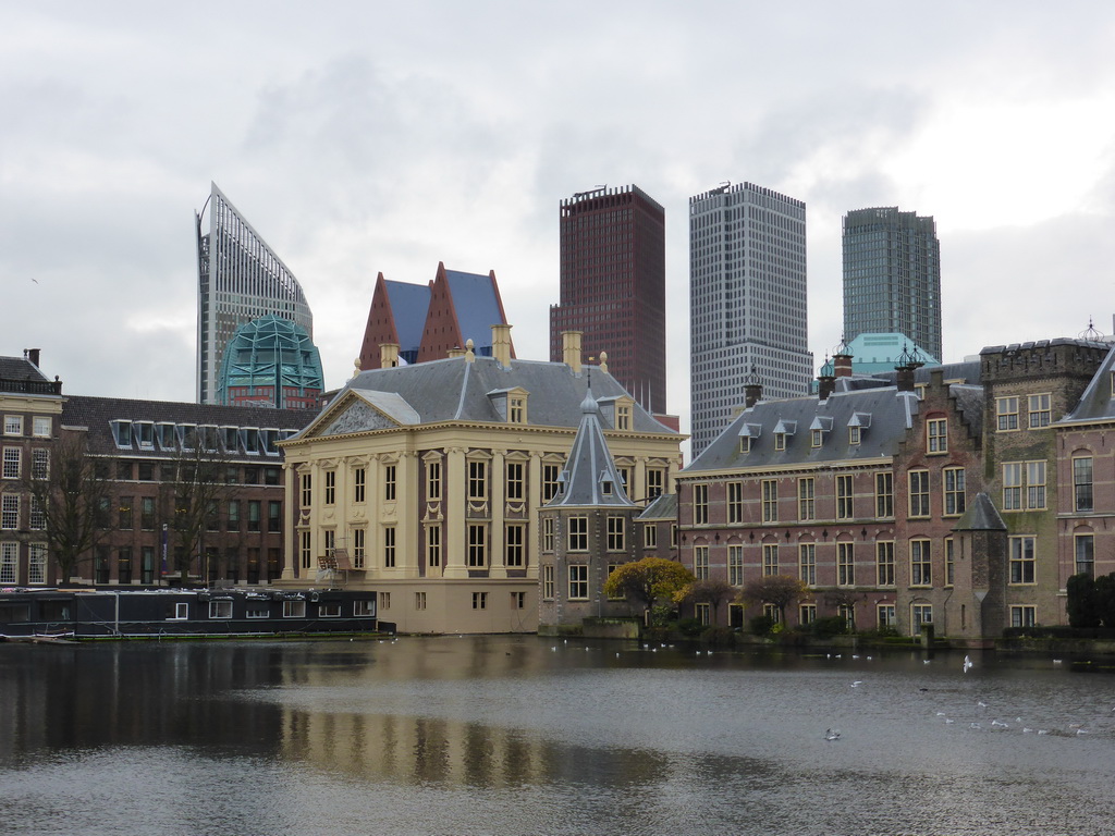 The Hofvijver pond, the Mauritshuis museum, the Torentje tower and the tall buildings in the city center