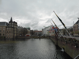 Dutch province flags at the Buitenhof square, the Hofvijver pond and the Binnenhof buildings