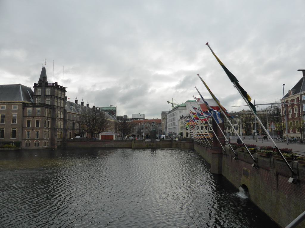 Dutch province flags at the Buitenhof square, the Hofvijver pond and the Binnenhof buildings