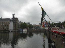Dutch province flags at the Buitenhof square, the Hofvijver pond, the equestrian statue of King Willem II and the Binnenhof buildings
