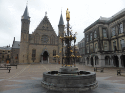 Fountain and the Ridderzaal building at the Binnenhof square