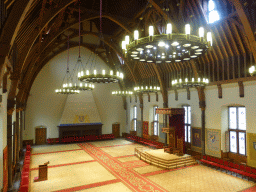 Interior of the Ridderzaal building with the constitution wall, the thrones and chandeleers