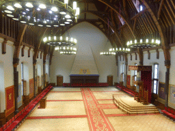 Interior of the Ridderzaal building with the constitution wall, the thrones and chandeleers