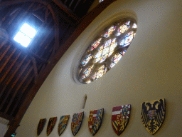 Stained glass windows and coat-of-arms in the Ridderzaal building
