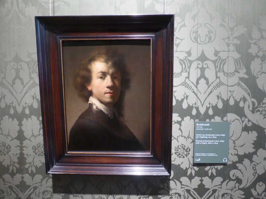 Self-portrait with a gorget by Rembrandt van Rijn, with explanation, at Room 10 at the Second Floor of the Mauritshuis museum